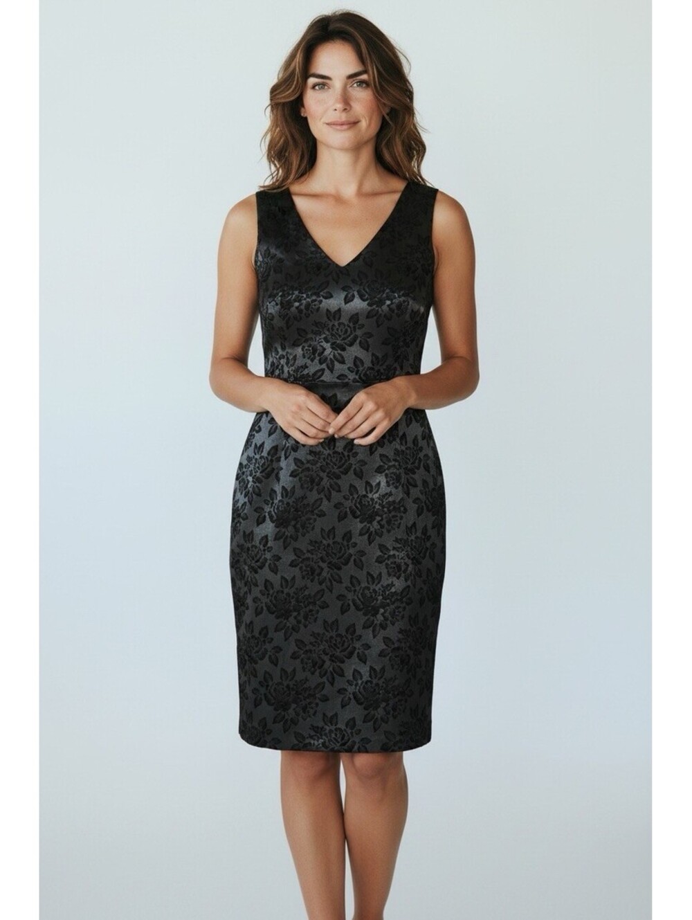 Liz Claiborne Black&Silver Floral Sleeveless V-neck Dress Special Event 4   EUC